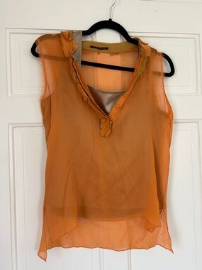 Elie Tahari Sheer Ruffle V-Neck Sleeveless Blouse - Orange